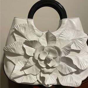 Anne Fontaine White and Black Leather Bag with Floral Design